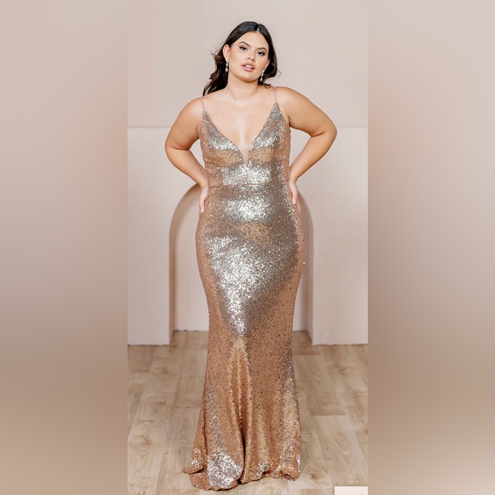Revelry Camilla Sequin gown in rose gold and light mesh. Never worn. Size 6